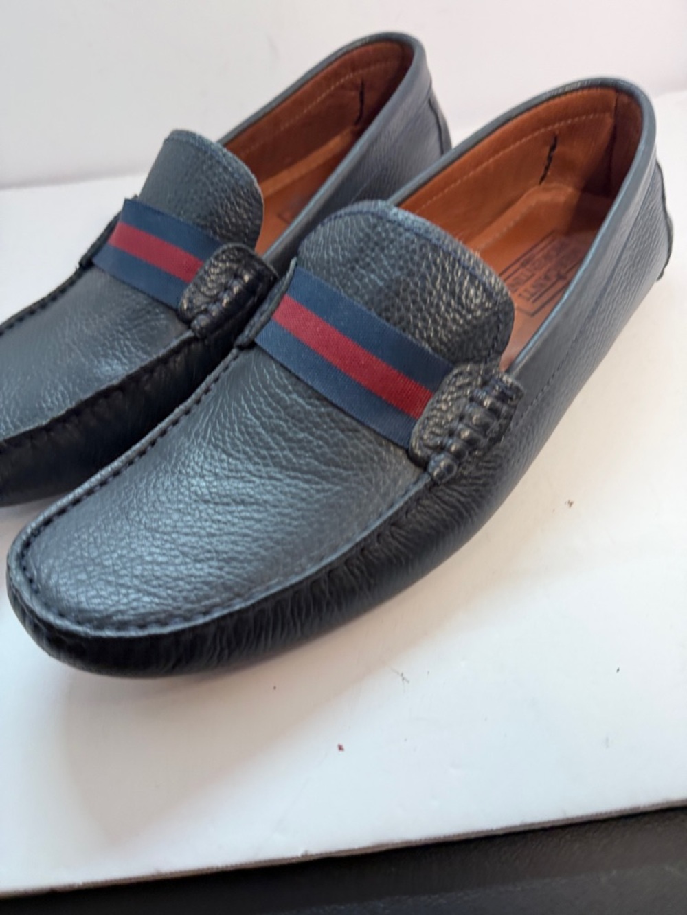 Mercanti Fiorentini Navy Leather Slip-On Loafers with Navy/Red Stripe